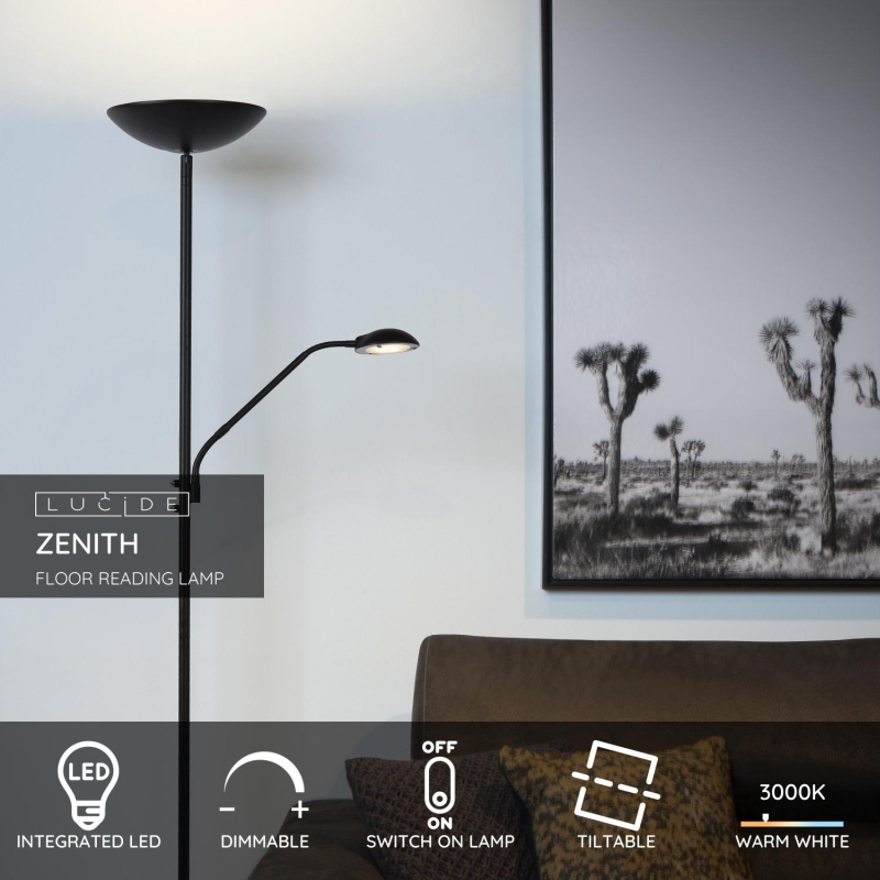 Lucide ZENITH - Stojacia lampa na čítanie - LED Dim. - 3000K - Čierna